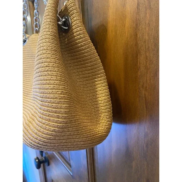 Woven Straw Shoulder Bag w/ Chain Straps Casual Lightweight Travel Vacation Bag - Picture 4 of 12